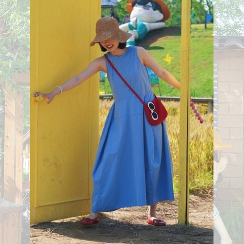 French-style blue dress for women, summer 2025 new arrival, pear-shaped figure slimming, sleeveless backless long dress