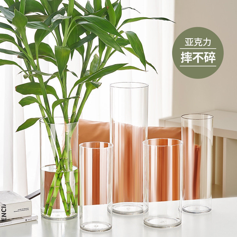 Transparent Acrylic Straight Vase, Light Luxury Flower Bucket, Deep Water Bamboo Arrangement, Modern Living Room Decoration, Floor-Standing Flower Arrangement