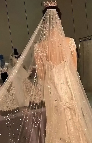 Korean Pearl Rhinestone Veil Trailing Bridal Shiny Retro Photography Forest Fantasy Same Style Travel Photography and Makeup