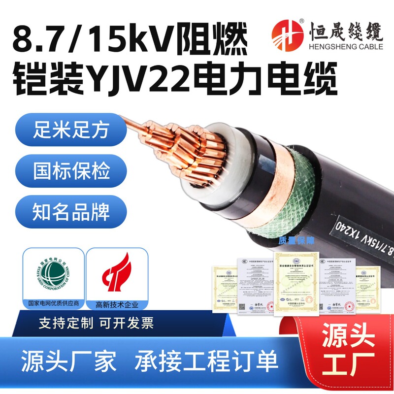 National Standard Zc-Yjv22 Armored High-Voltage 15Kv Flame-Retardant Power Cable 1/3 Core 35/70/95/120 Square mm