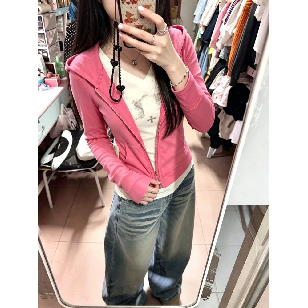 慵懒风甜酷树莓粉连帽拉链外套女早秋收腰显瘦防嗮开衫长袖上衣