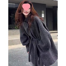 秋冬新款气质毛线袖中长款双面大衣系带羊毛宽松立领外套
