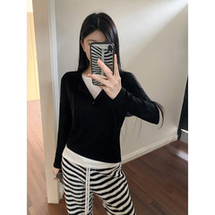 秋季设计感小众不规则假两件长袖T恤女显瘦圆领休闲拼色打底上衣