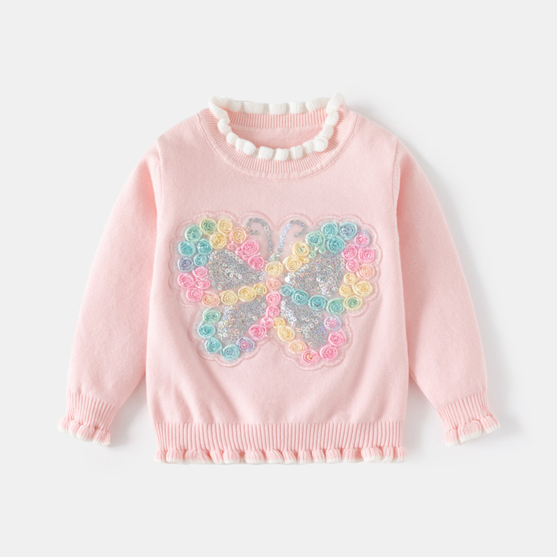 2024 Herbst neue Kinderkleidung für Mädchen mit Pailletten und Schmetterlings-Strickoberteil, einlagige Baumwollfaden-Spitzenärmel_voghion.com