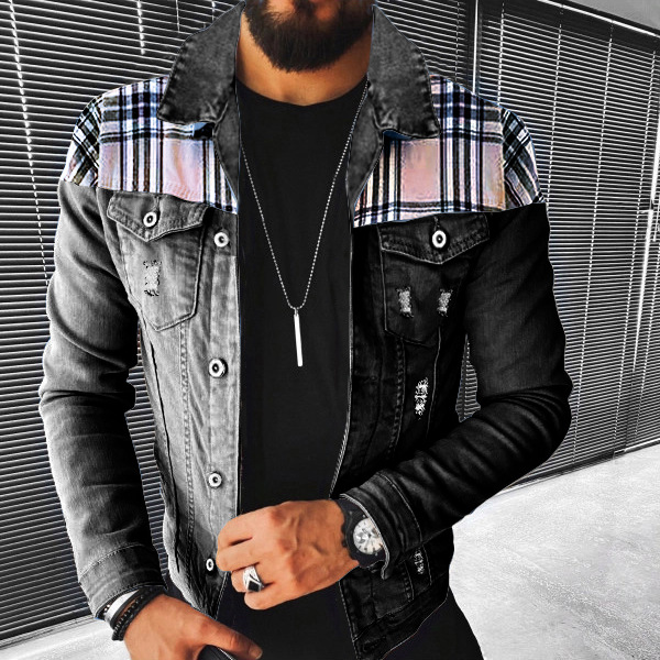 Veste en jean patchwork à carreaux multi-sacs décontractée pour hommes, nouveau produit tendance pour hommes automne et hiver_voghion.com