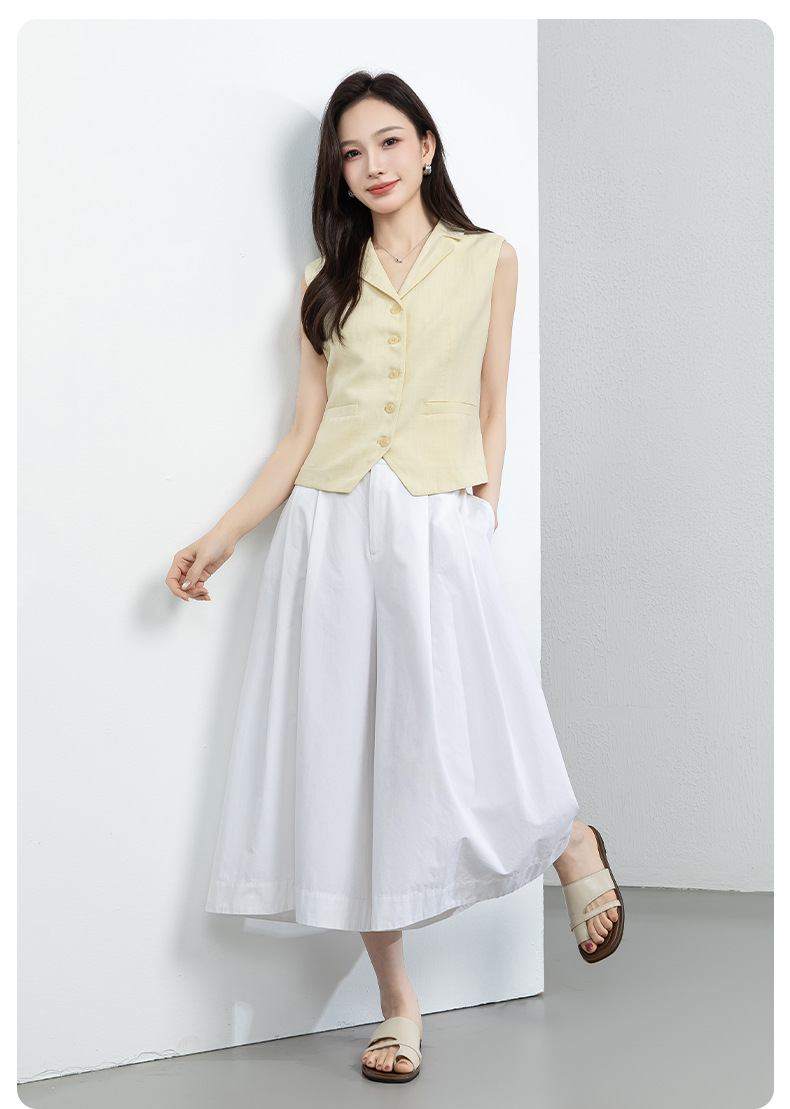 Quần culottes nữ ống rộng cạp cao vải linen cotton mỏng nhẹ mùa hè — màu trắng chi tiết 19
