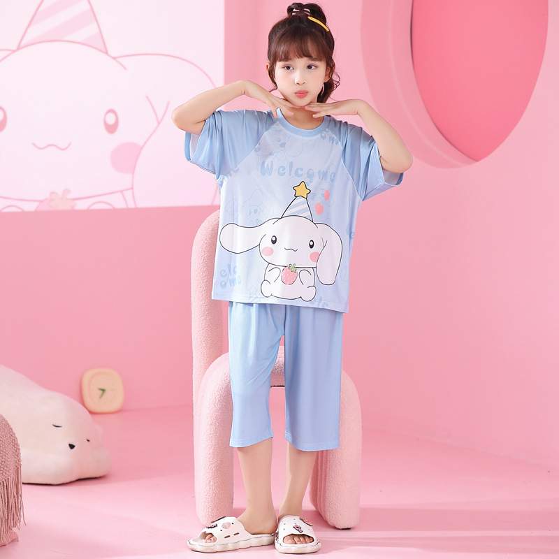 Pijamas de niñas de verano hielo de manga corta delgada set de niños de verano madre e hija padres niños mayores ropa de casa de niñas