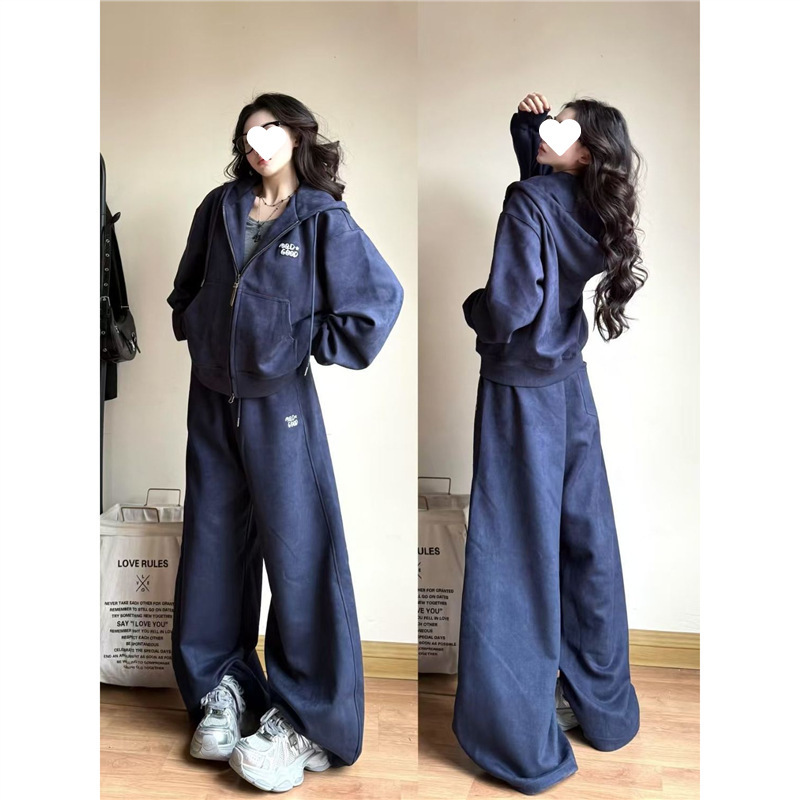 American-Style Embroidered Cardigan Casual Sports Suit Spring and Autumn Loose Slimming Zipper Student Sweatshirt and Long Pants Two-Piece Set Trendy