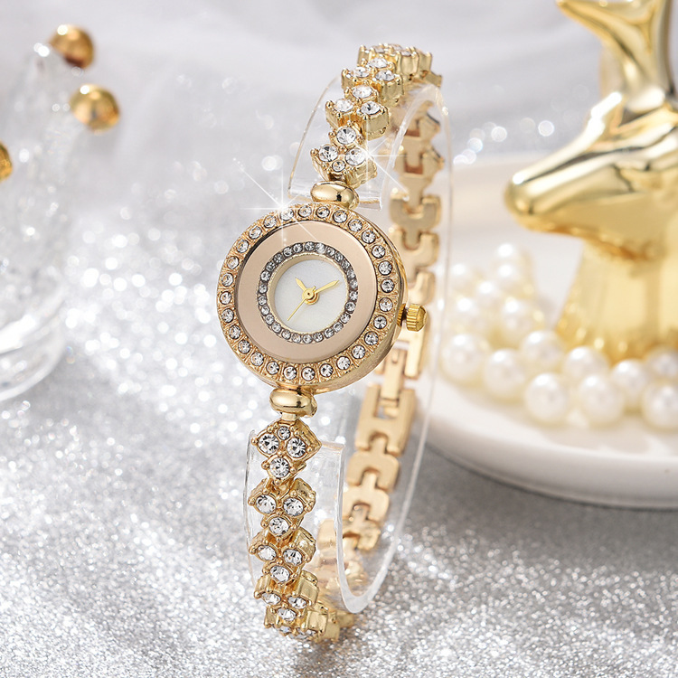 Fine Narrowband Compact Dial Women's Diamond-encrusted Fashionable All-match Alloy Quartz Watch Five-piece Set Accessories Set Gift Box_voghion.com
