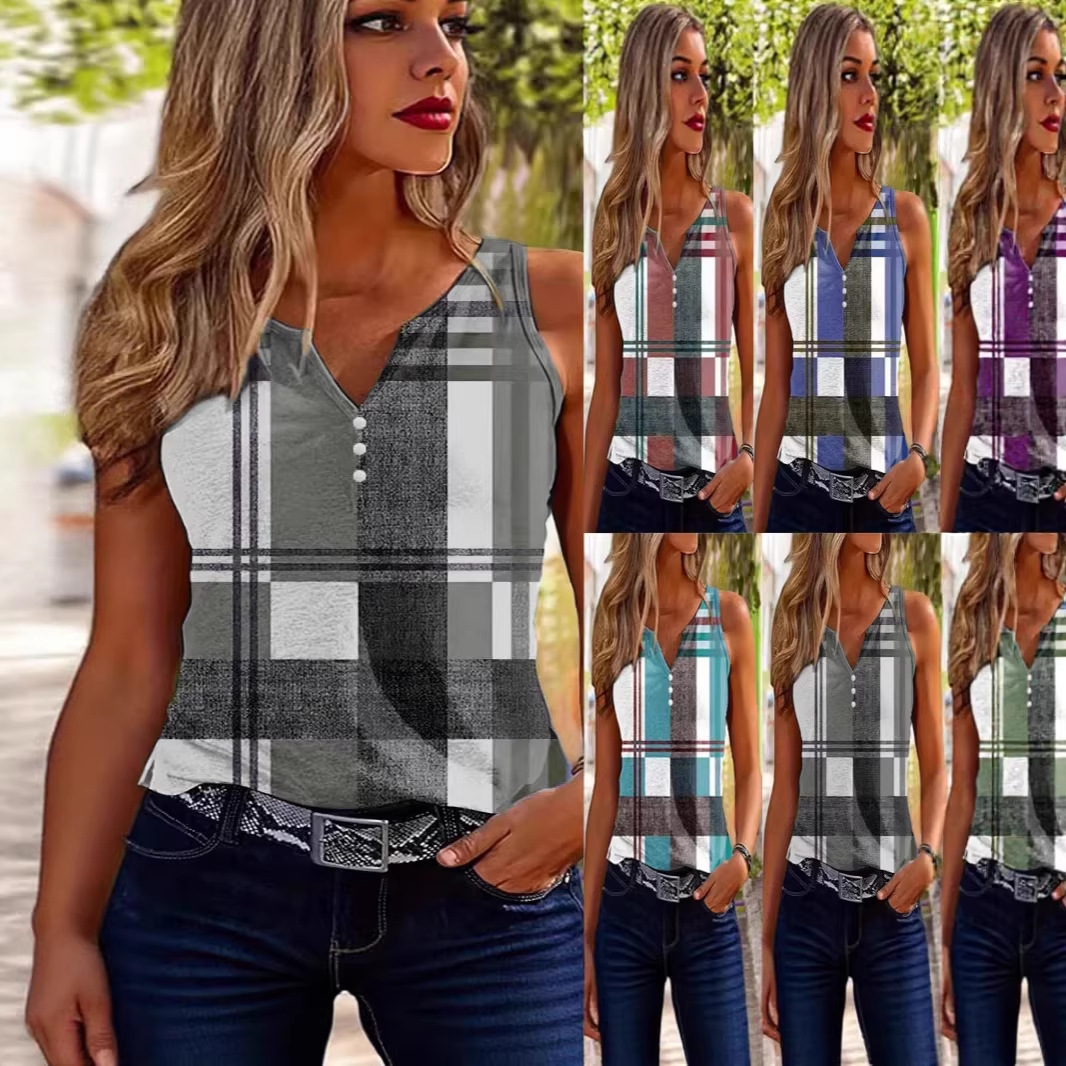 Women's Plaid Print Color-Block Tank Top, Loose Fit Sleeveless Summer Casual Vest, Breathable Milk Silk Blend Fabric_ecoleips.com