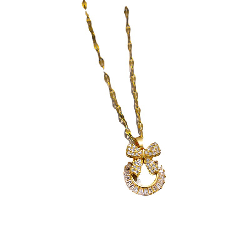 Collana di zirconi micro intarsiati in rame, fiocco da donna, collana di nicchia alla moda, stile inserto, protezione del colore, genuino_voghion.com