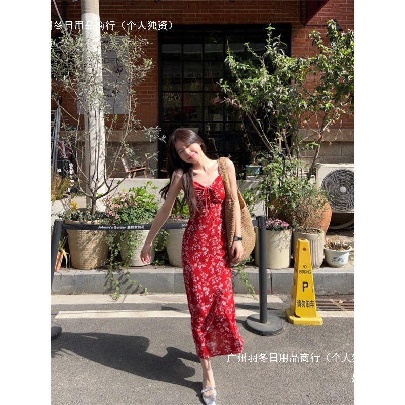 Летняя пляжная юбка для отдыха на море, элегантная длинная юбка для похудения талии, женское платье на подтяжках с французским красным цветочным принтом