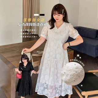 价格美丽k2437大码连衣裙夏季新款改良版复古V领盘扣胖mm大码女装