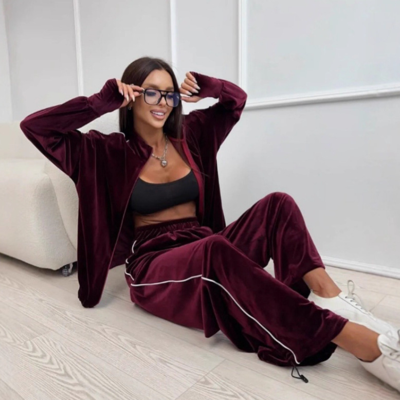 European and American Autumn New Pure Color Soft Corduroy Long-Sleeved Sweatshirt Pants Suit Women's Fashion Suit Zipper Cardigan Suit European and American Autumn New Pure Color Soft Corduroy Long-Sleeved Sweatshirt Pants Suit Women's Fashion Suit Zipper Cardigan Suit