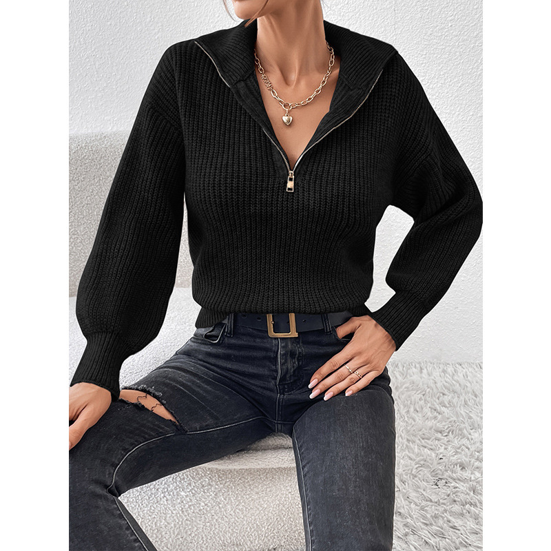Europa y los Estados Unidos transfronterizos con cremallera suéter de comercio exterior moda de color sólido suéter de manga larga con cremallera de cuello de polo casual suéter mujer