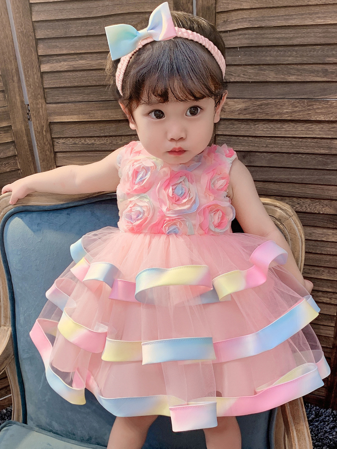 Vestido para niñas, vestido de bautizo para bebés de un año, vestido de princesa con flores tridimensionales de malla, vestido de cumpleaños con falda abullonada de colores.