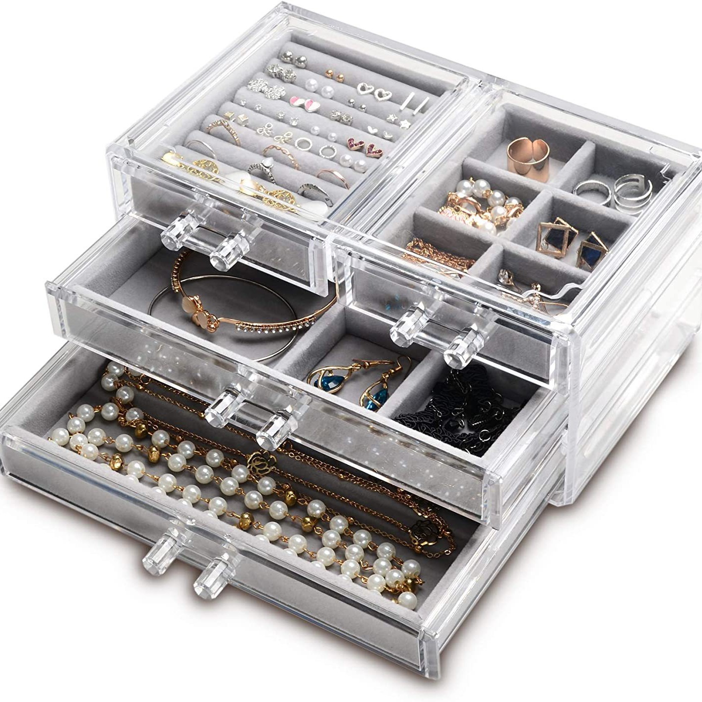Caja de joyería de franela beige transfronteriza multi-capa de terciopelo placa anillo de acrílico collar oreja compartimiento de joyería caja de joyería de acabado