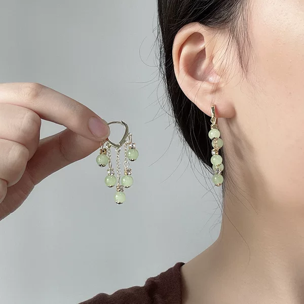2024 new style eight-sided exquisite emerald cat's eye stone love ear buckle diamond tassel earring temperament antique earrings