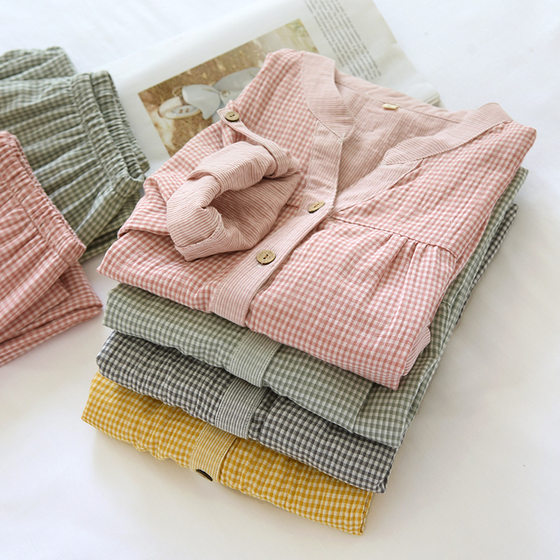 Cotton Double-layer Gauze Thin Pajamas Pajamas Women's Four-season Home Wear Long-sleeved Trousers Yarn-dyed Washed Cotton Yarn