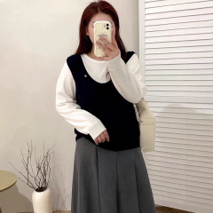 【包邮】大码女装假两件圆领上衣2025秋款胖mm百搭休闲宽松针织衫