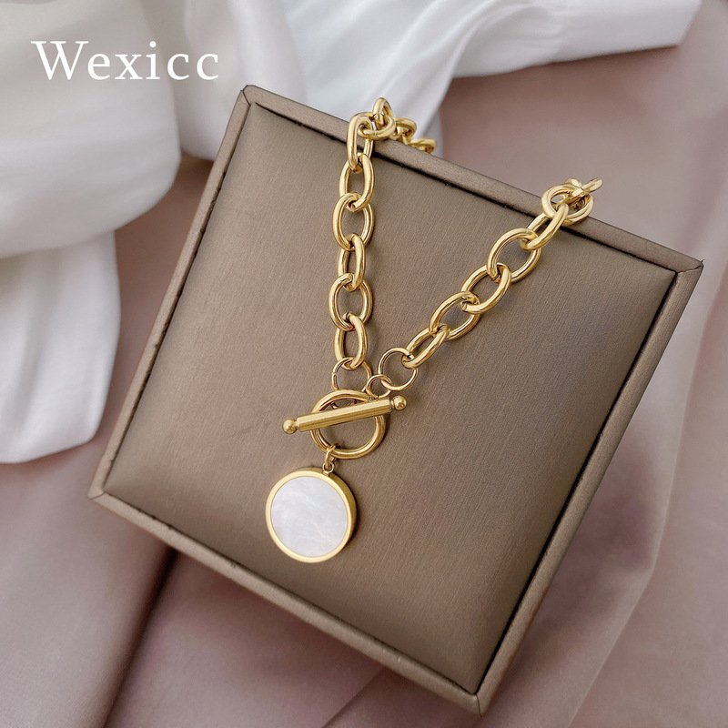 All-Over Titanium Steel Non-Fading Necklace for Women Ins Hip-Hop Thick Chain Disc t Buckle Sweater Chain Clavicle Chain Fashion Jewelry