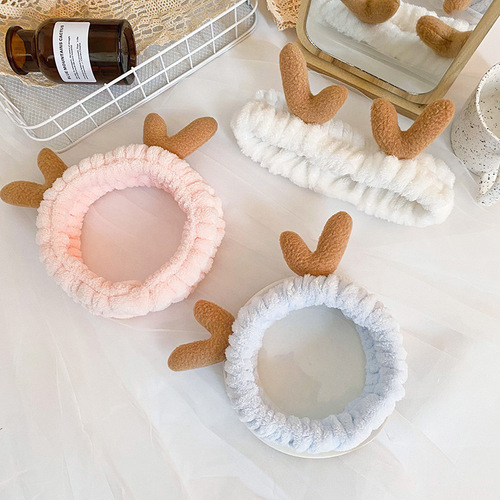 Direct Supply from Manufacturer Korean Version Lady Face Cleansing Bun Headband Cute Soft and Adorable Antler Hair Band Flannel Head Scarf Hair Accessory