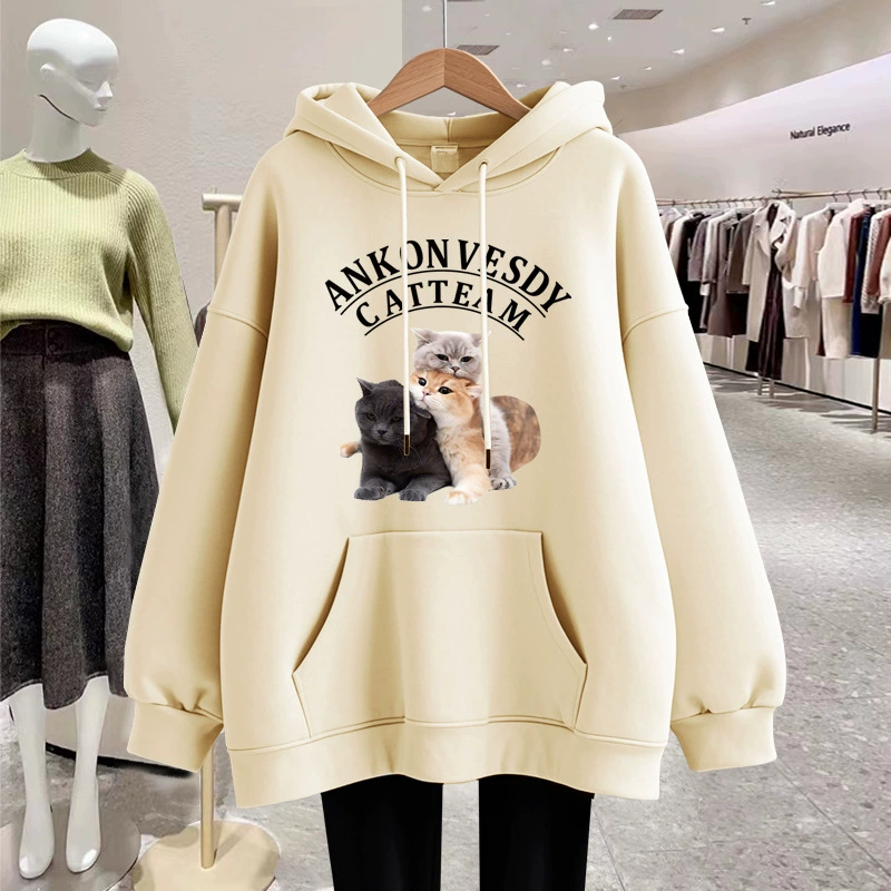 Ленивый кошачий топ с принтом плюшевый толстый свиток с капюшоном осень и зима 2024 новые мужские женщины