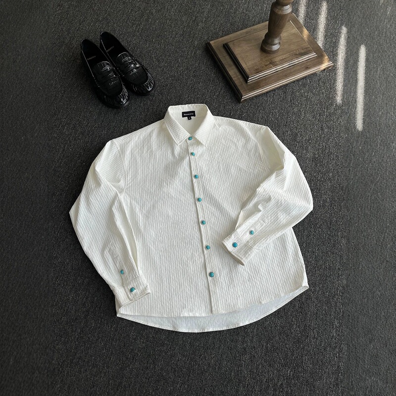 New Spring and Autumn Niche High-End Long-Sleeve Shirt for Men with Turquoise Texture and Pleated Cleanfit Design New Spring and Autumn Niche High-End Long-Sleeve Shirt for Men with Turquoise Texture and Pleated Cleanfit Design