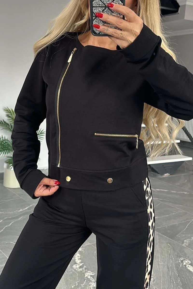 Women's Clothing Autumn and Winter Fashion Casual Double sided Leopard Print Suit Zipper Long Sleeve Suit Women_voghion.com