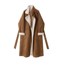 大码胖mm韩系复古皮毛一体鹿皮绒大衣外套女秋冬长款加厚长袖风衣