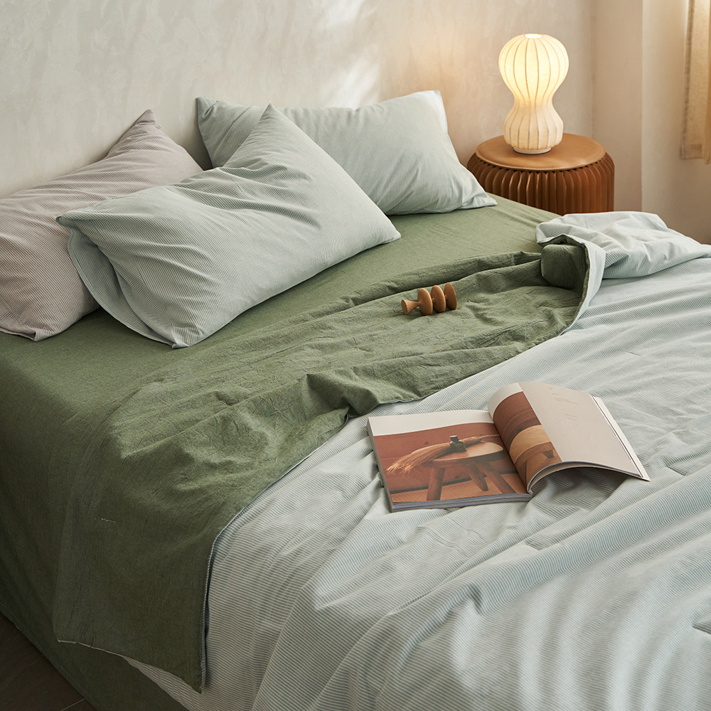 Class a Maternal and Infant Grade 100% Cotton Yarn-Dyed Washed Cotton Summer Quilt & Four-Piece Summer Quilt Set Filled with 20% Lyocell and 80% Polyester Fiber