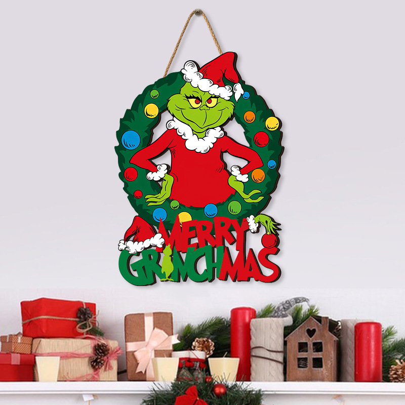 Letreros de madera de Navidad colgantes de pared festivos decoración de pared Grinch colgantes colgantes de puerta de pelo verde