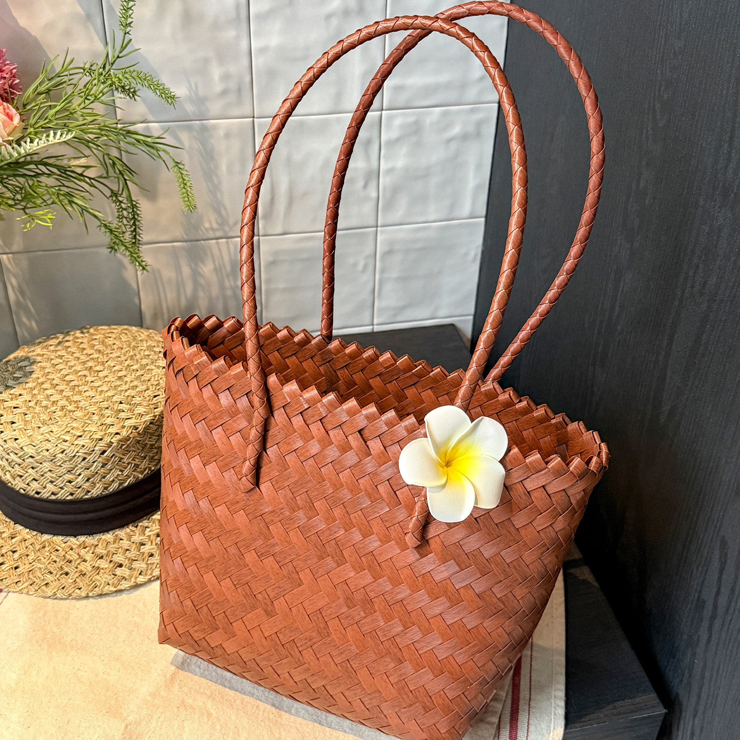 Storage Basket Bag, Rattan Handbag, Woven Shoulder Bag, Handmade Natural Rattan & Seagrass, Leather Trim, Eco-Friendly, Lightweight, Durable For Daily_voghion.com