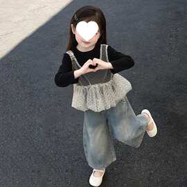 女宝韩系甜美套装2026春秋新款儿童洋气波点网纱花苞背心上衣裤子