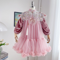 Girls' Princess Dress 24 Autumn/Spring Children's Velvet Padded Traditional-Style Dress with Cloud-Shaped Shoulder Panels, Baby Girl's Mesh Tutu Skirt, Formal Gown