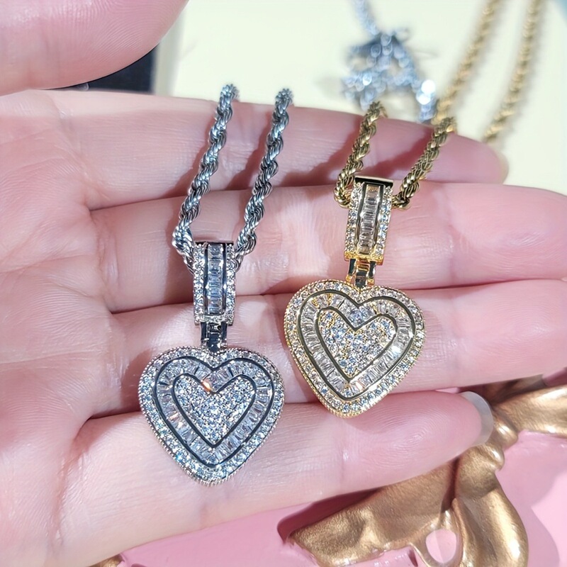 Shein/Temu Hot-Selling Luxury Fashion Full Diamond Heart Pendant with 3.0 Twist Chain Necklace Couple Necklace Shein/Temu Hot-Selling Luxury Fashion Full Diamond Heart Pendant with 3.0 Twist Chain Necklace Couple Necklace