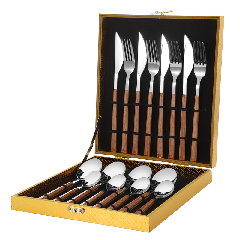 Mango de clip de grano de madera Cuchillo, tenedor y cuchara de acero inoxidable de estilo japonés Traje de vajilla occidental Cuchillo de carne de 16 piezas, tenedor y cuchara Juego de vajilla de 12 piezas