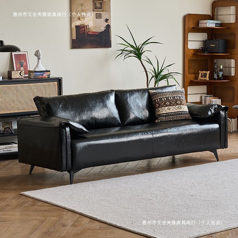 Black Sofa Small Apartment Living Room Modern Minimalist Apartment Bedroom Rental Room Retro Oil Wax Leather Art Double Sofa