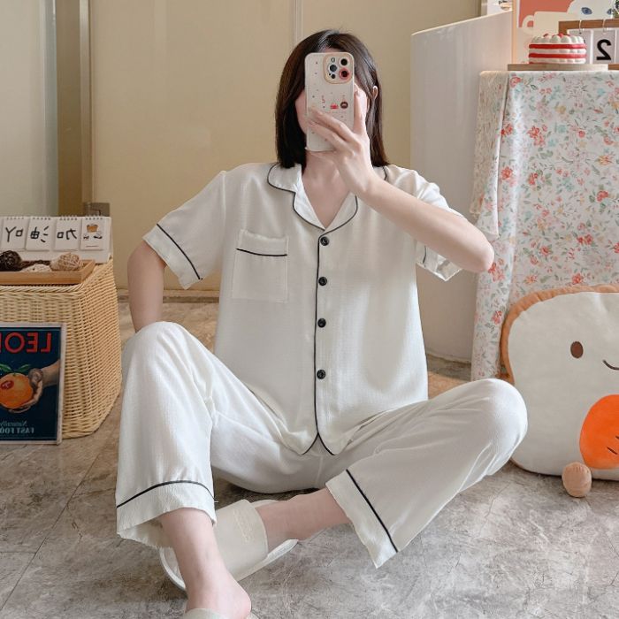 Comercio exterior transfronterizo al por mayor pantalones de manga corta pijamas mujeres verano espuma fina color sólido cardigan solapa traje de servicio a domicilio