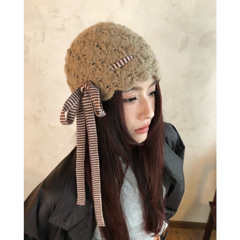 FFACC秋冬新款手工花朵镂空编织帽卡其色针织帽女显脸小包头帽|undefined
