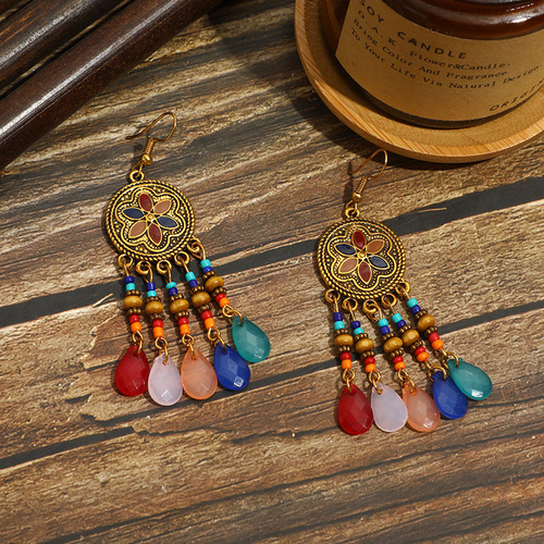 Bohemian style earrings wholesale retro water drop tassel trendy earrings versatile personality temperament ear hooks on behalf of