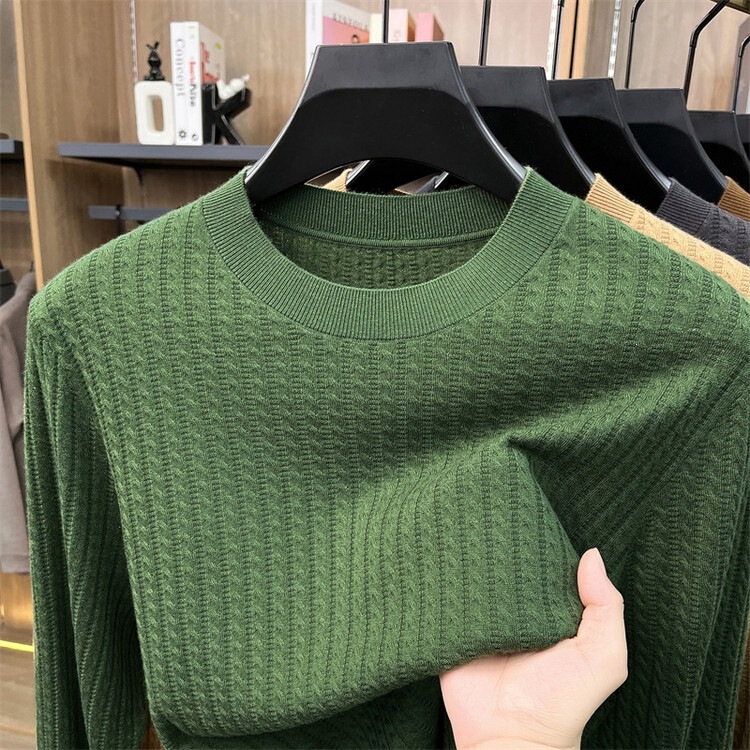 Men's 2026 Autumn/Winter High-Quality Knitted Sweater, Round Neck, Jacquard Pattern, Solid Color, Fashionable and Versatile Base Layer Top