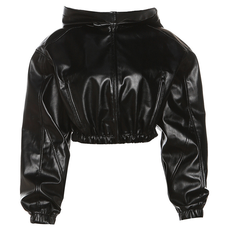 Trendy Faux Leather Hooded Cropped Jacket For Women - Streetwear Biker Style Zippered Long Sleeve Top_ecoleips.com
