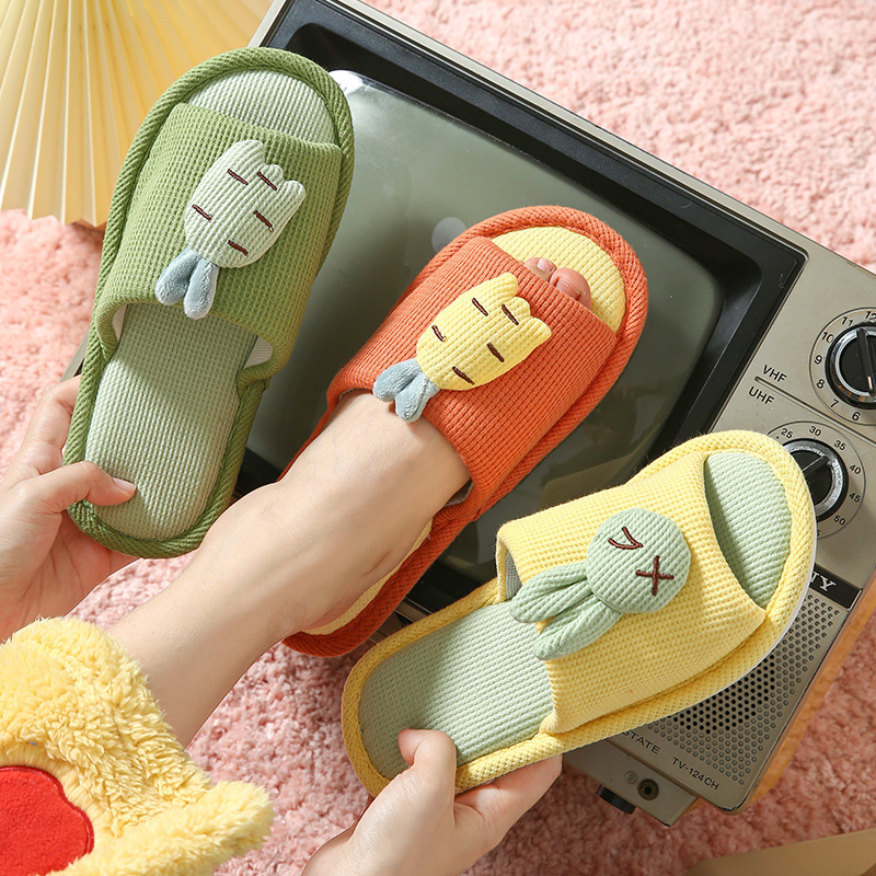 2022 Cartoon Personalized Linen Slippers Home Indoor Non-Slip Floor Lovers Shoes Men and Women Open Carrot Rabbit