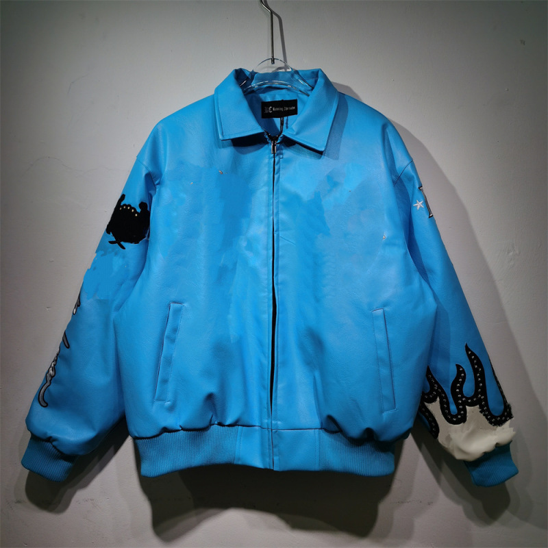 跨境美潮原创设计加工美式宽松版型皮衣机车服重工刺绣男女同款潮|undefined