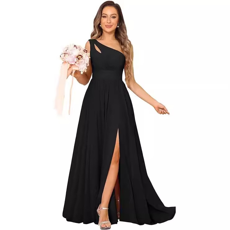European and American Evening Dress 2025 New Export Elegant Sleeveless Sexy High Waist Slit Slanted Shoulder Long Skirt Dress
