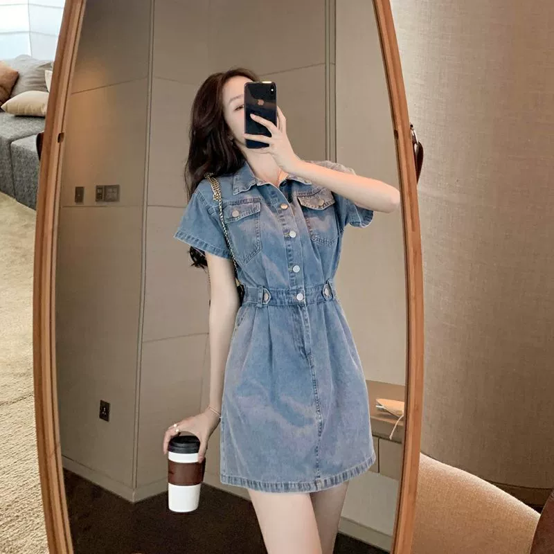 Гонконгский стиль chic2023 летняя новая джинсовая юбка с узкой талией для похудения элегантное легкое джинсовое платье в зрелом стиле женское летнее
