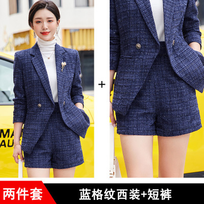 2022秋冬新款韩版时尚修身百搭格纹小西服女白领休闲西装外套气质