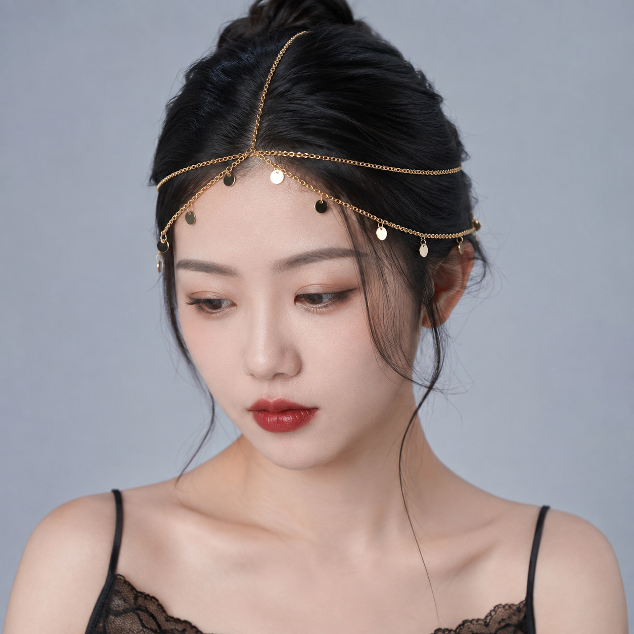 Exotic style multi-layered disc tassel headpiece, vintage golden hair chain, Hanfu-style forehead chain for travel photography