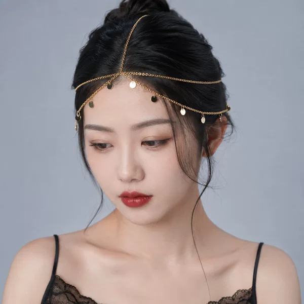 Exotic style multi-layered disc tassel headpiece, vintage golden hair chain, Hanfu-style forehead chain for travel photography